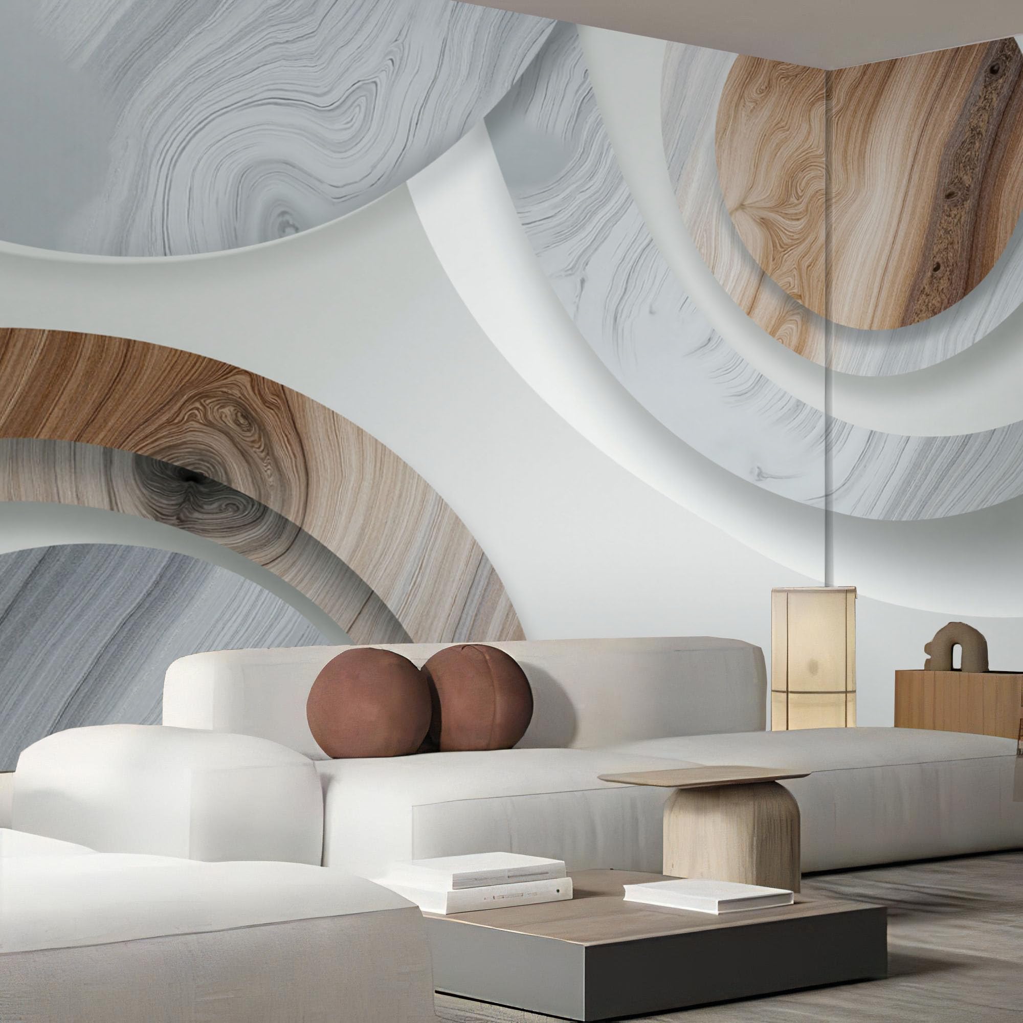 Papier peint géométrique 3D bois 200x140cm panoramique gris salon