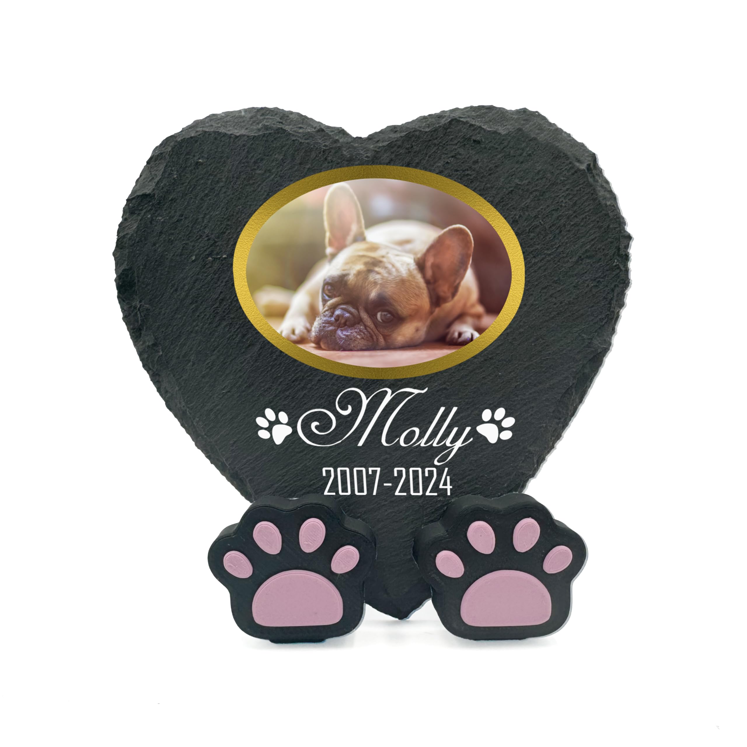TULLUN Personalised Memorial Heart Shape 4" x 4" or 10 x 10 cm Plaque + Paw Stand For Pet Cat Dog Slate Stone Frame Grave Marker - Gold Frame Photo