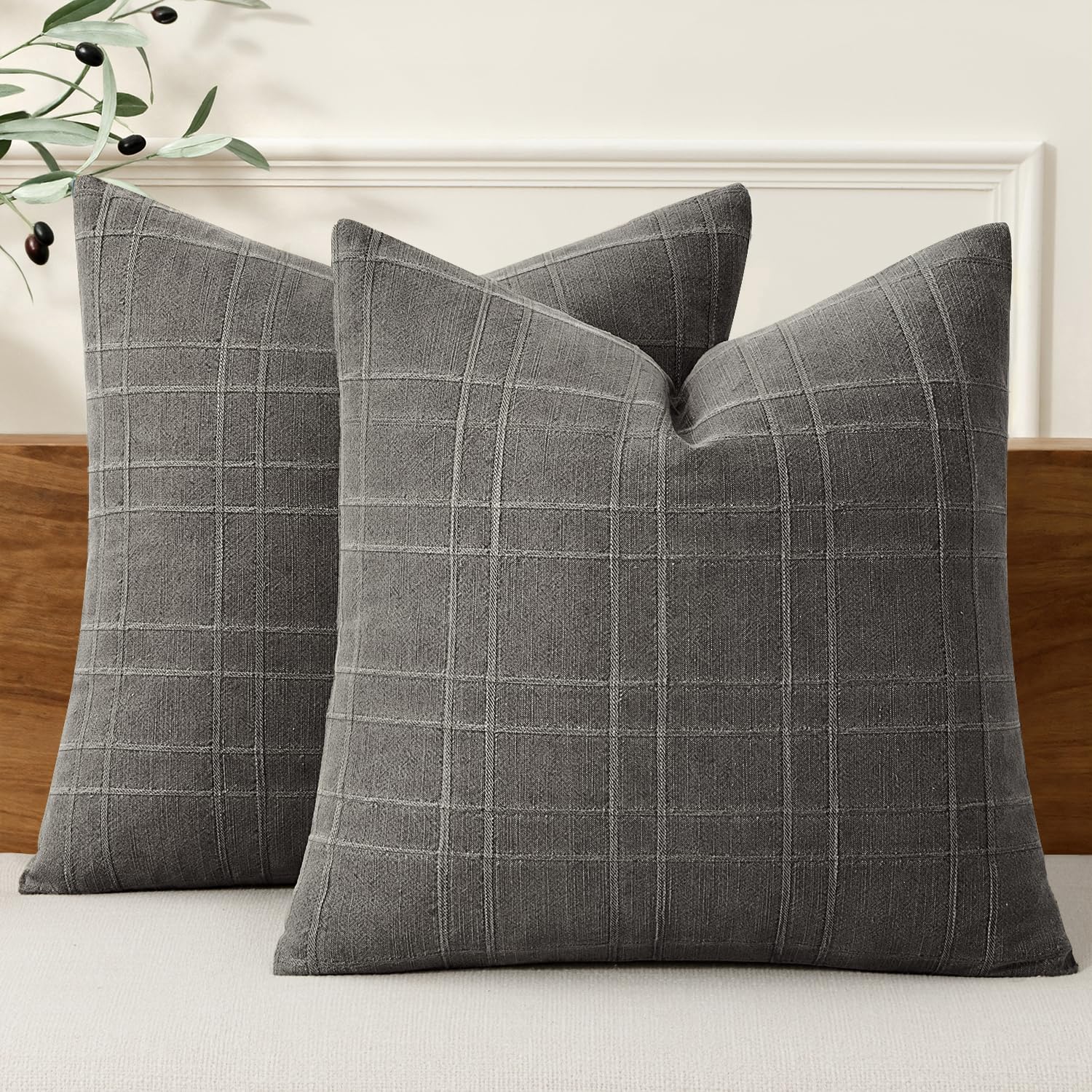 MIULEE Linen Plaid Pillow Covers Decorative Euro 24x24 Charcoal Gray