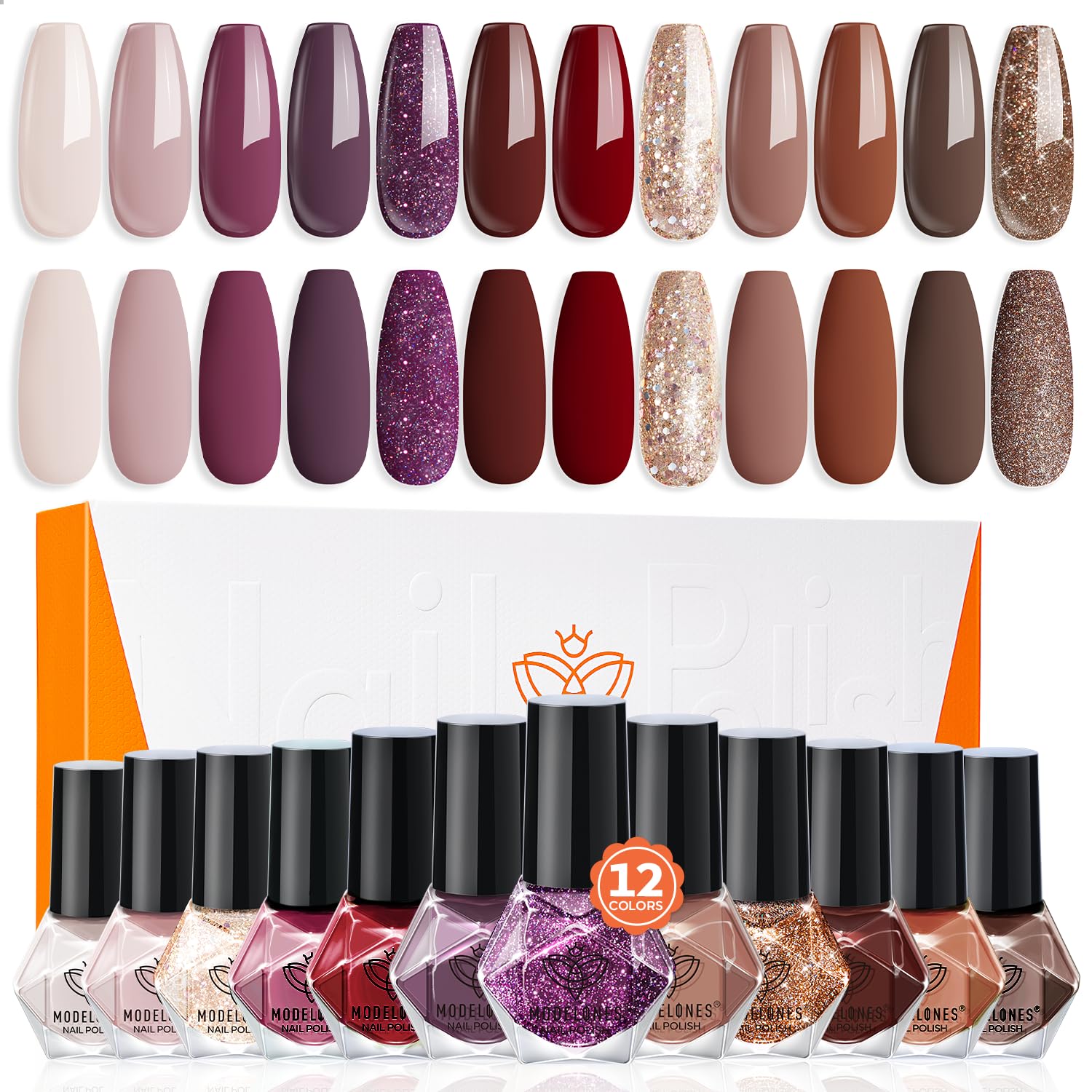 Modelones Nail Polish Set 12 Colors Burgundy Red New Year 2025 Nail Polish Set Champagne Gold Glitter Dark Red Purple Shimmer Brown Nail Valentines's Gifts for Women Girl DIY Salon Home
