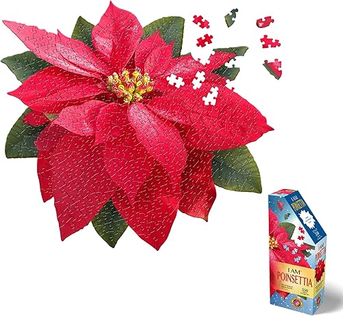 Madd Capp Poinsettia - Rompecabezas de 350 piezas para edades de 10 años en adelante, borde único en forma floral, caja de lujo de cinco caras,