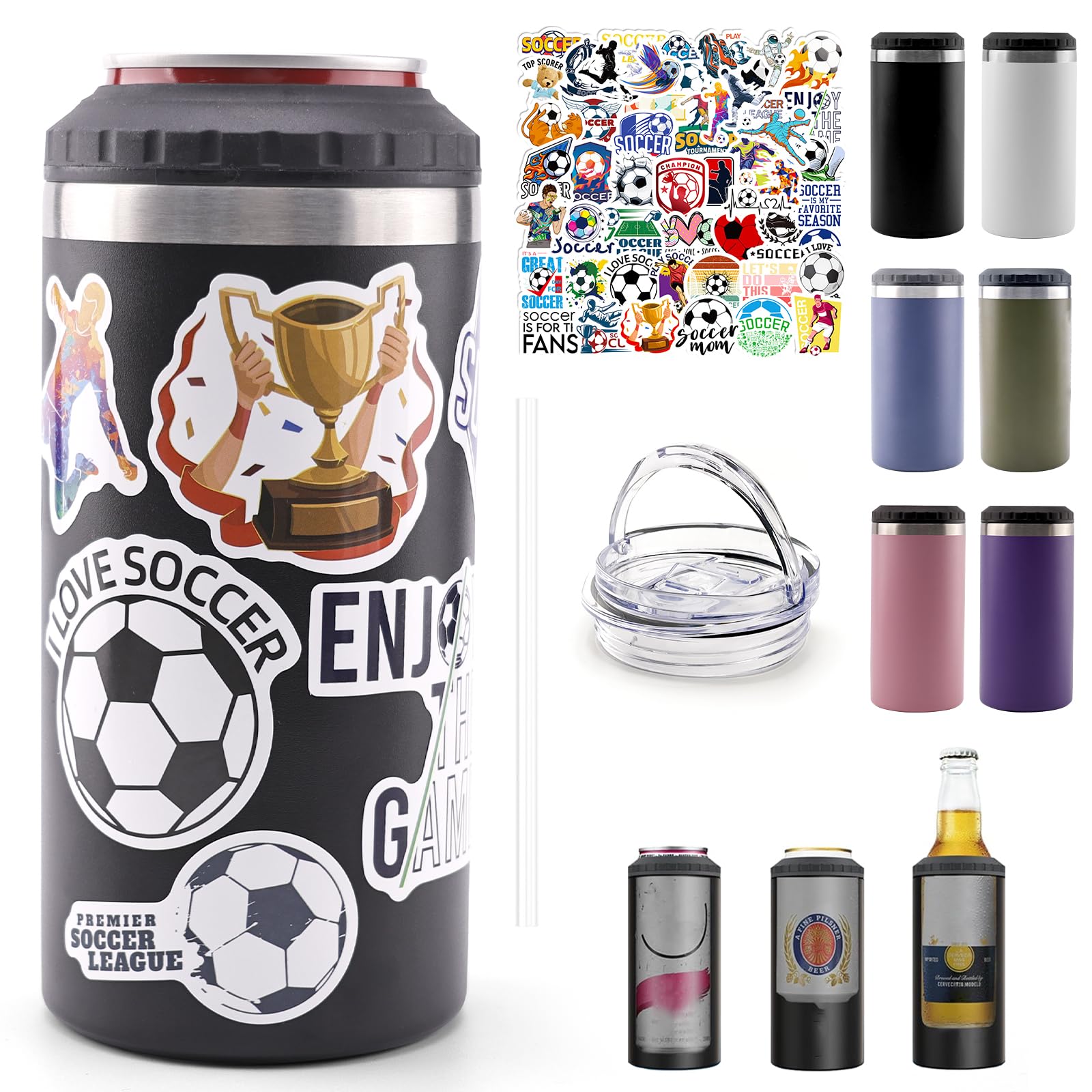 16oz Insulated Can Cooler For 12oz Cans 2 Lids Travel Tumbler,Black | Powder Coated Sweat-Proof 16oz Tumbler With Foldable Handle Lid And Straw. Best For Car Travel, Daily Commutes And Camping.