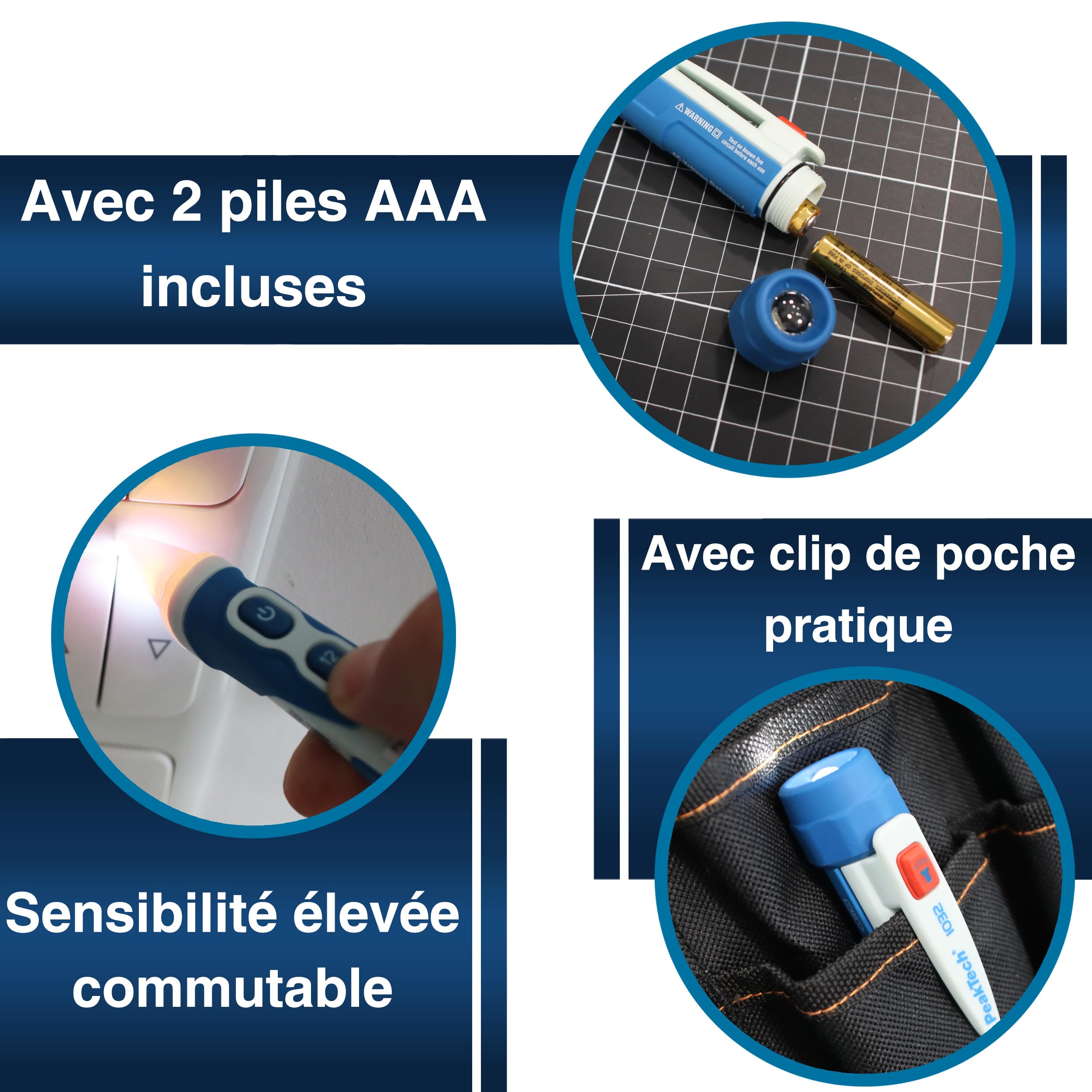 PeakTech 1032 AC Détecteur de tension sans contact [+LED Signal Lampe & Vibration] Plage de fonctionnement 12-1000 V AC, Détecteur de ligne, Détecteur de ligne