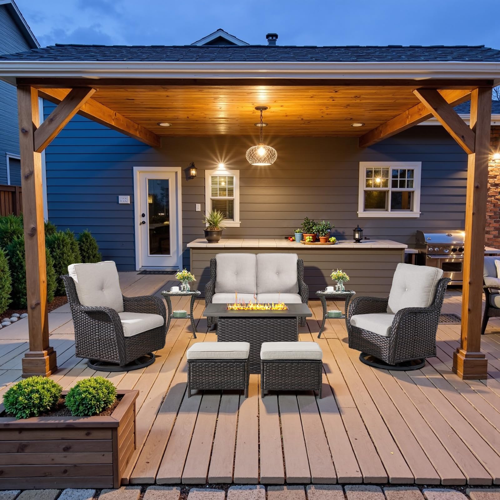 Belord Patio Furniture Set with Fire Pit Table,8 Piece Wicker Outdoor Furniture Set, Swivel Rocker Chairs with Ottomans and Loveseat, All Weather