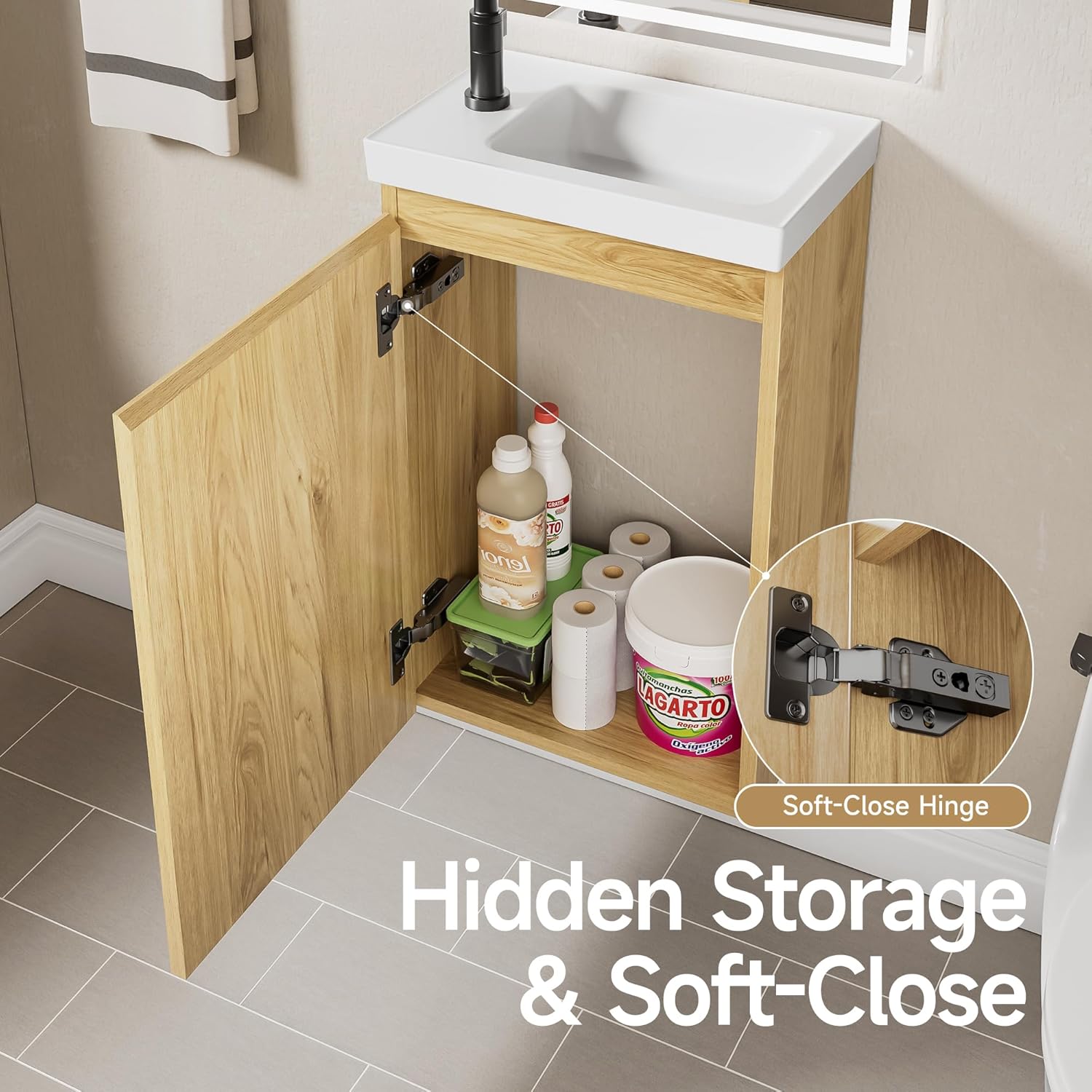 16" Japandi Floating Bathroom Vanity with Sink, Pre-Assembled Wall-Mounted Bathroom Vanity, Narrow Bathroom Vanity 10" D Solid Wood Vanity Cabinet, Engineered Stone Top, Soft-Close Hinge