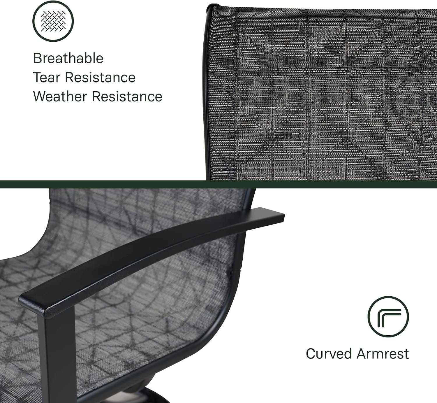 Grand patio Outdoor Dining Set of 5, Outdoor Table and Chairs Set, 4 Padded Mesh Sling Swivel Rocker Patio Chair & 36'' x36'' Square Dining Table(1.5'' Umbrella Hole), Black & Grey Plaid