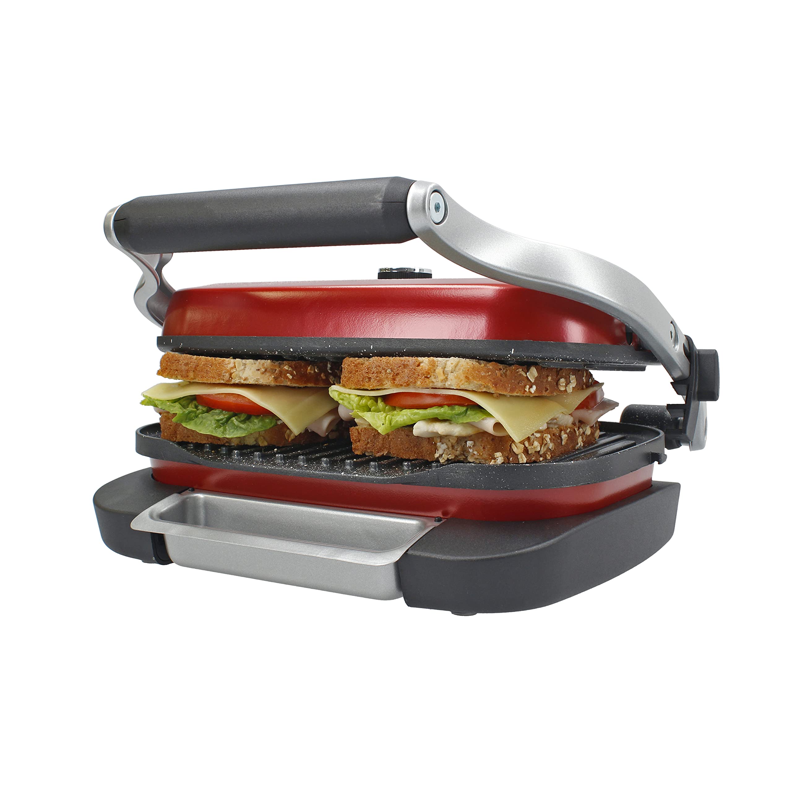 TM Electron TMPGR003RED grill eléctrico estilo retro, calentamiento rápido, revestimiento antiadherente de 5 capas, control de altura y temperatura, bandeja de residuos extraíble, 1300W