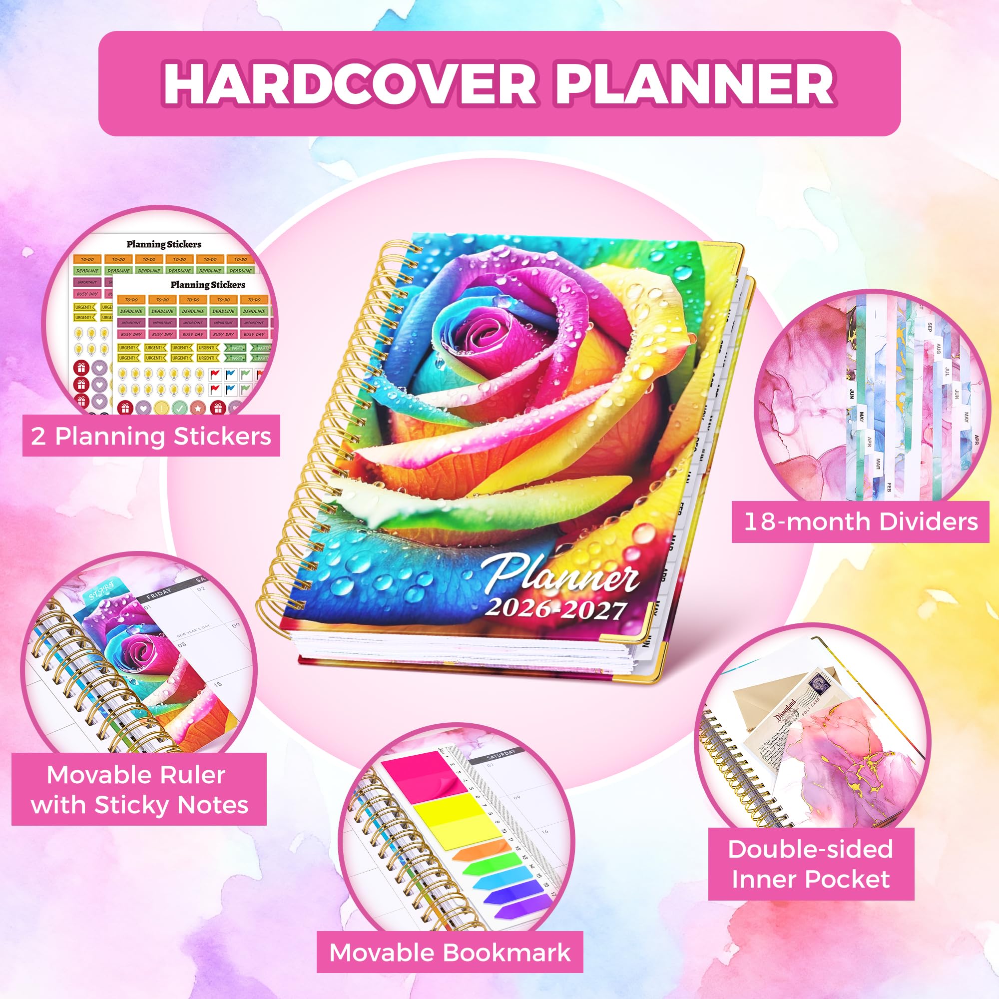 Planer 2026-2027, 18 Monate Wochen- und Monatsplaner, Januar 2026 - Juni 2027, 22,9 x 29,5 cm, Hardcover Kalenderplaner mit Seitenregistern, Trennseite, Innentasche, Lesezeichen, Aufkleber