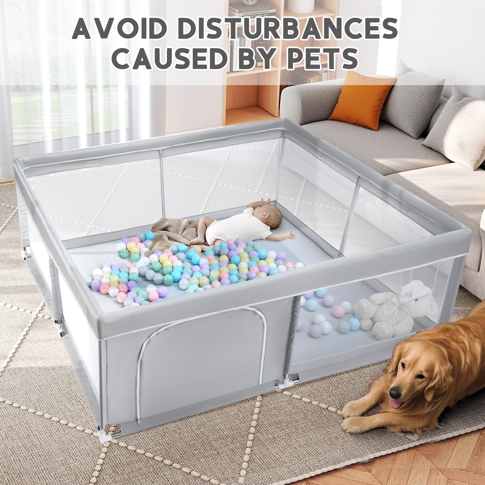 BEJOY Box per Bambini, 150 cm Compatto e Resistente, Protezione in Schiuma, Antiscivolo, Porta Rotonda con Cerniera, Rete Traspirante Trasparente Centro Attività per Neonati e Bambini Piccoli