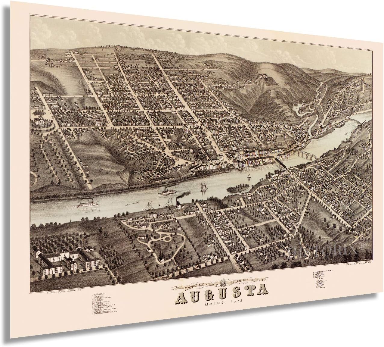 Augusta Maine On Map Historix Vintage 1878 Augusta Maine Map Poster - 24X36 Inch Vintage Augusta  Poster Wall Art - Old Augusta Maine Map - Bird's Eye View Of Augusta Me  Oriented With North To The