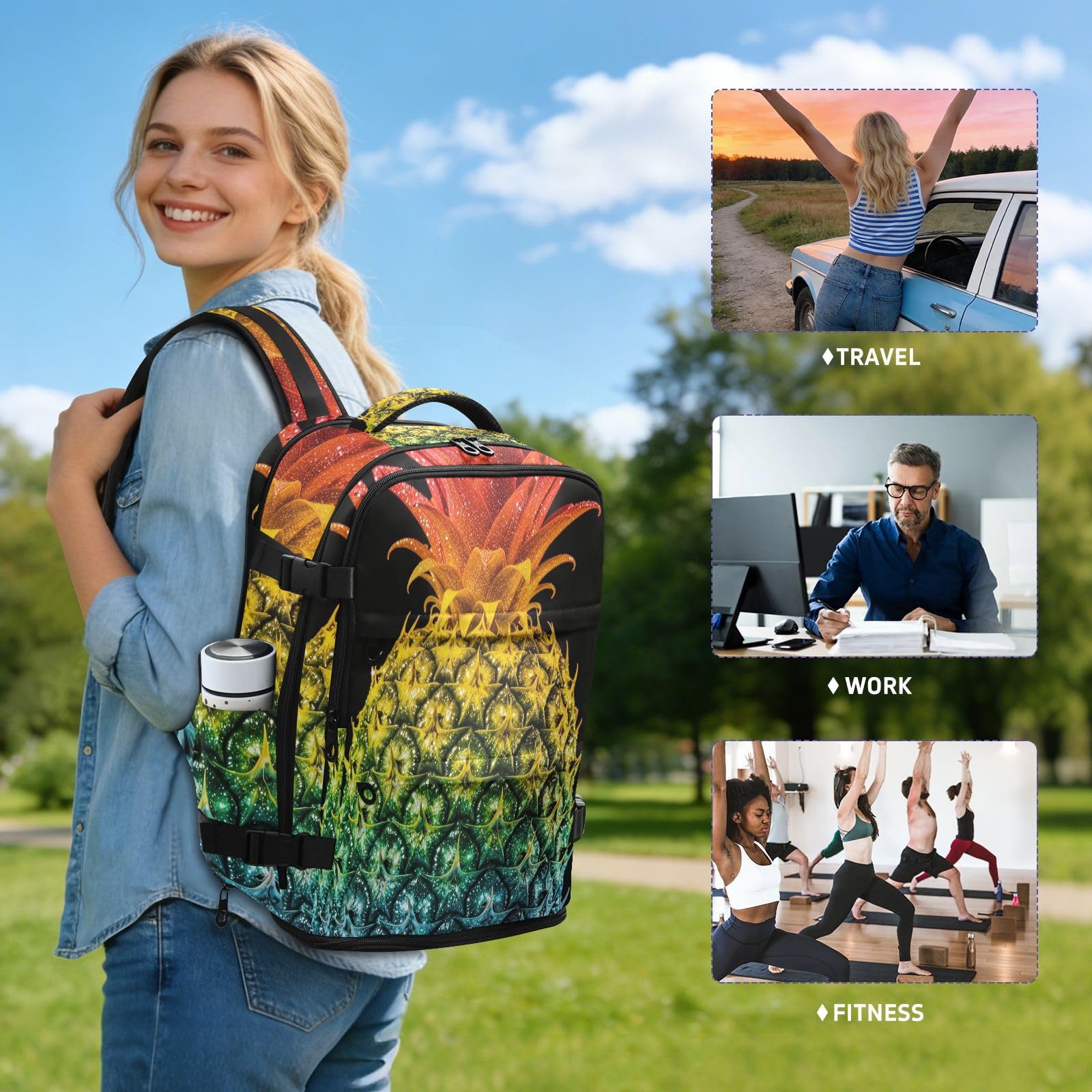 Plecak turystyczny Osobisty Przedmiot Torba podróżna Dla Kobiet Praca 20L | Lekka damska torba na komputer ananas kolorowe tropikalne hawajskie owoce 15,6 torba na laptopa do samolotów mochilas de