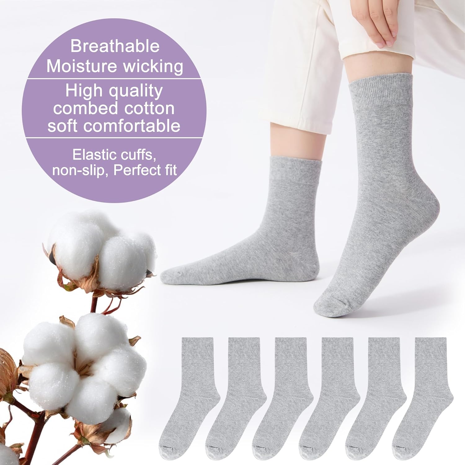 ATBITER Women's Thin Cotton Crew Socks - Soft Above Ankle Bootie Casual Dress Socks 6-Pairs - Image 3