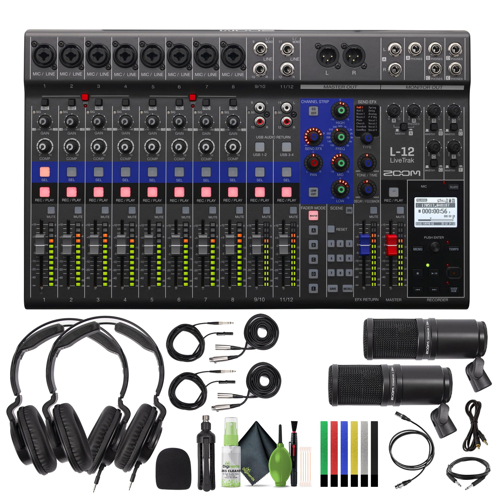 Zoom LiveTrak L-12-12-Channel Digital Mixer & Multitrack Recorder + 2x Zoom ZDM-1 Podcast Mic Pack + Audio Cable 3.5mm 1/8 inch Mono Male to RCA Mono Male Connector + More
