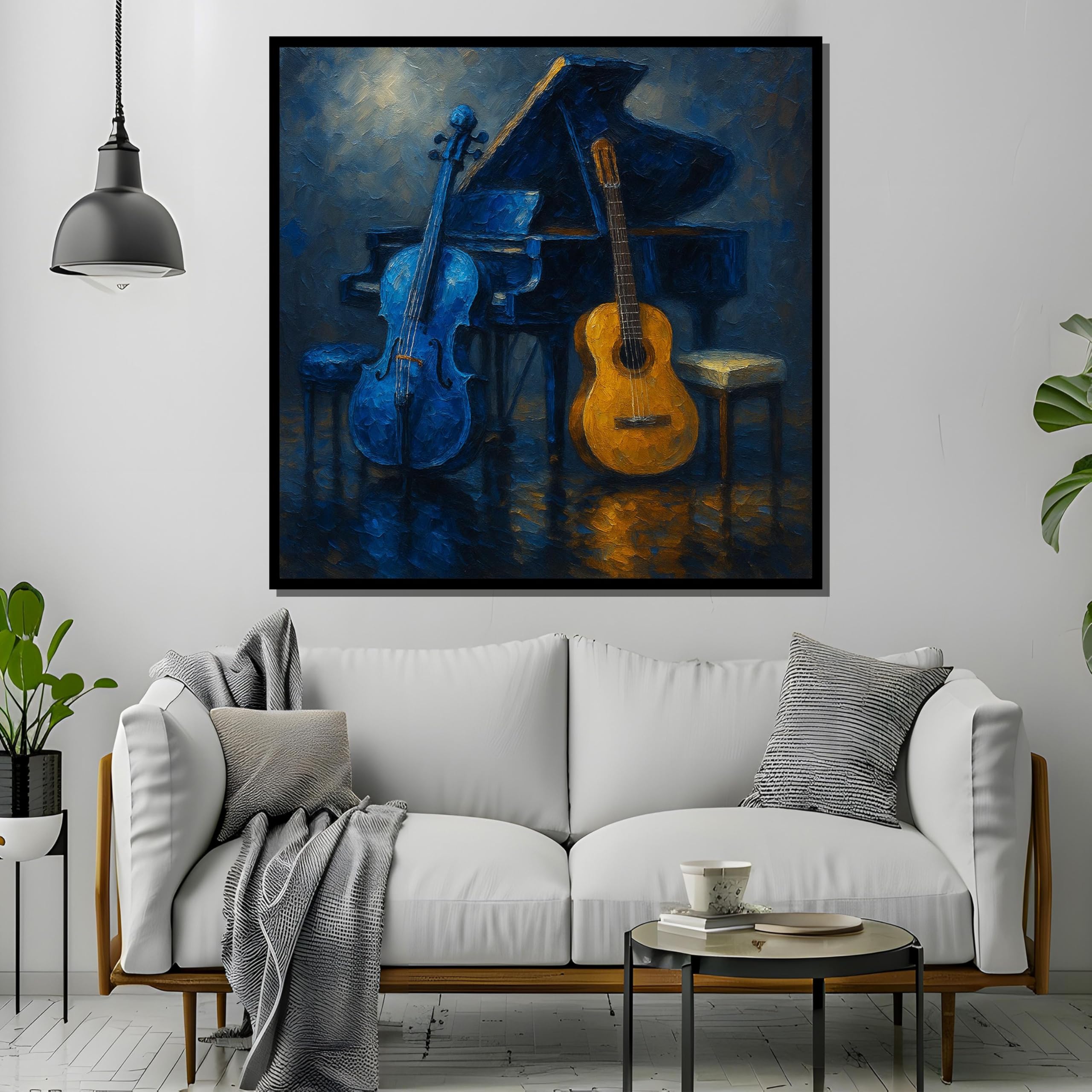 TONGYINLI Martwa natura obraz na płótnie, fortepian z obrazami ściennymi, niebieska wiolonczela i złota gitara, plakaty i nadruki (30 x 30 cm / rama wewnętrzna)