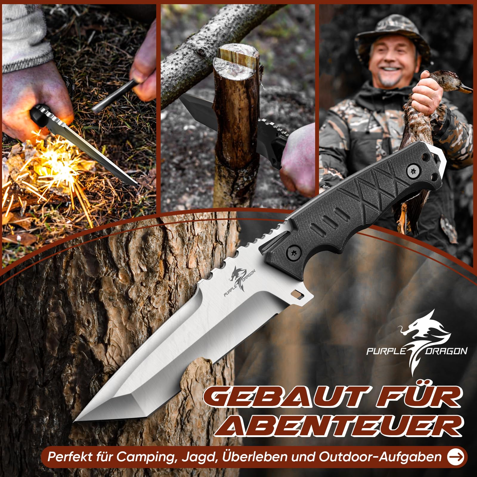 Purple Dragon Outdoor Messer Survival - mit Kydex Scheide, Feststehende Klinge aus einem Stück D2 Stahl, Full Tang Tanto Messer mit G10 Griff für Camping, Geschenke für Männer, Schwarz