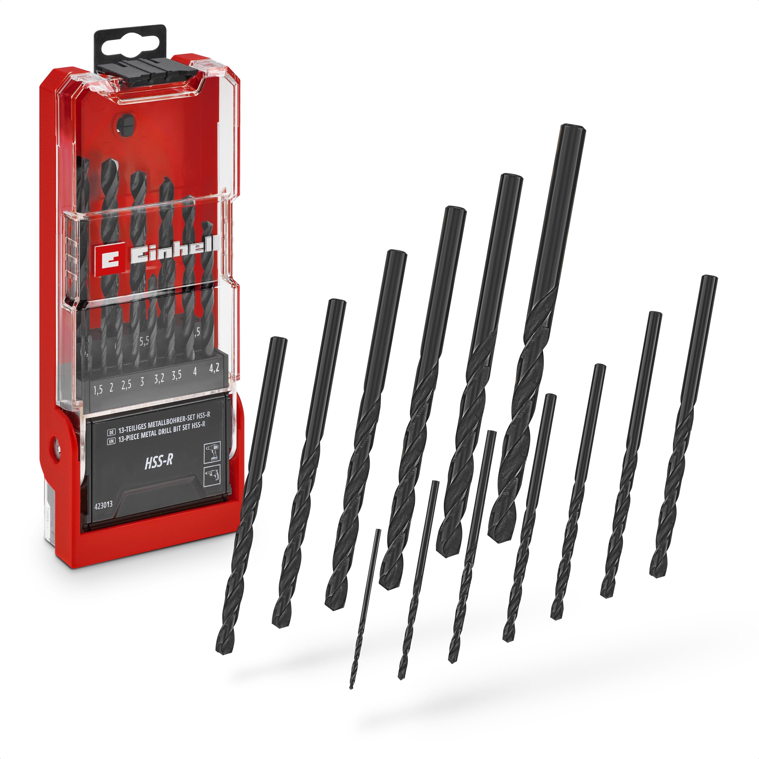 Orijinal Einhell 13 Parça HSS-R Metal Matkap Ucu Seti (HSS 4241 Çelik, Siyah Oksitli Yüzey, 135° Uç Açısı, Haddelenmiş Tip N Helis, Yuvarlak Sap, Saklama Kasetli)