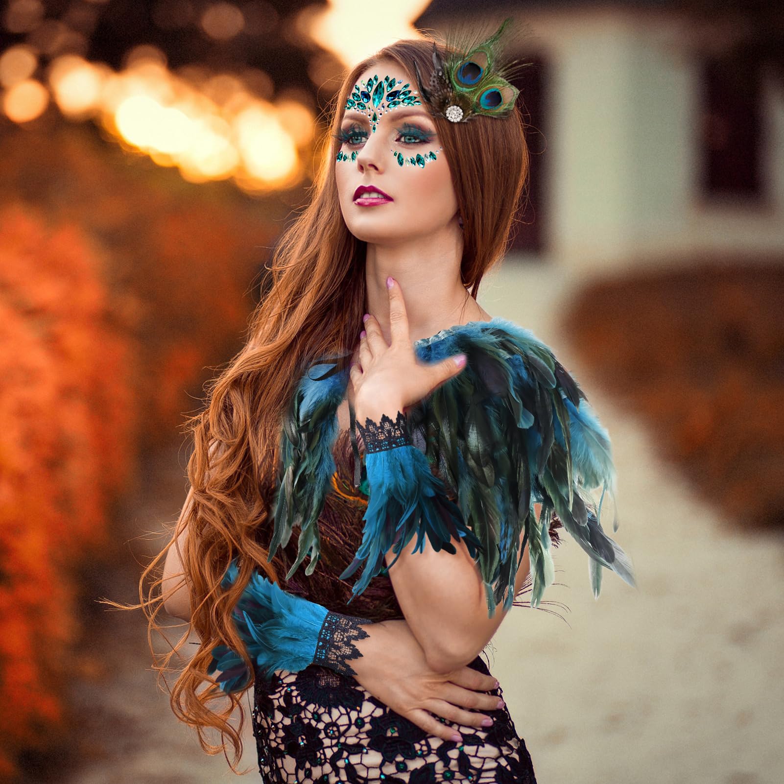 Huahuanghui Scialle Gotico di Piume, Gotico Piuma Naturale Polsino con Ciglia in Piume e Accessori per Capelli in Piume, Mantello di Piume Donna, per Carnevale Halloween Cosplay