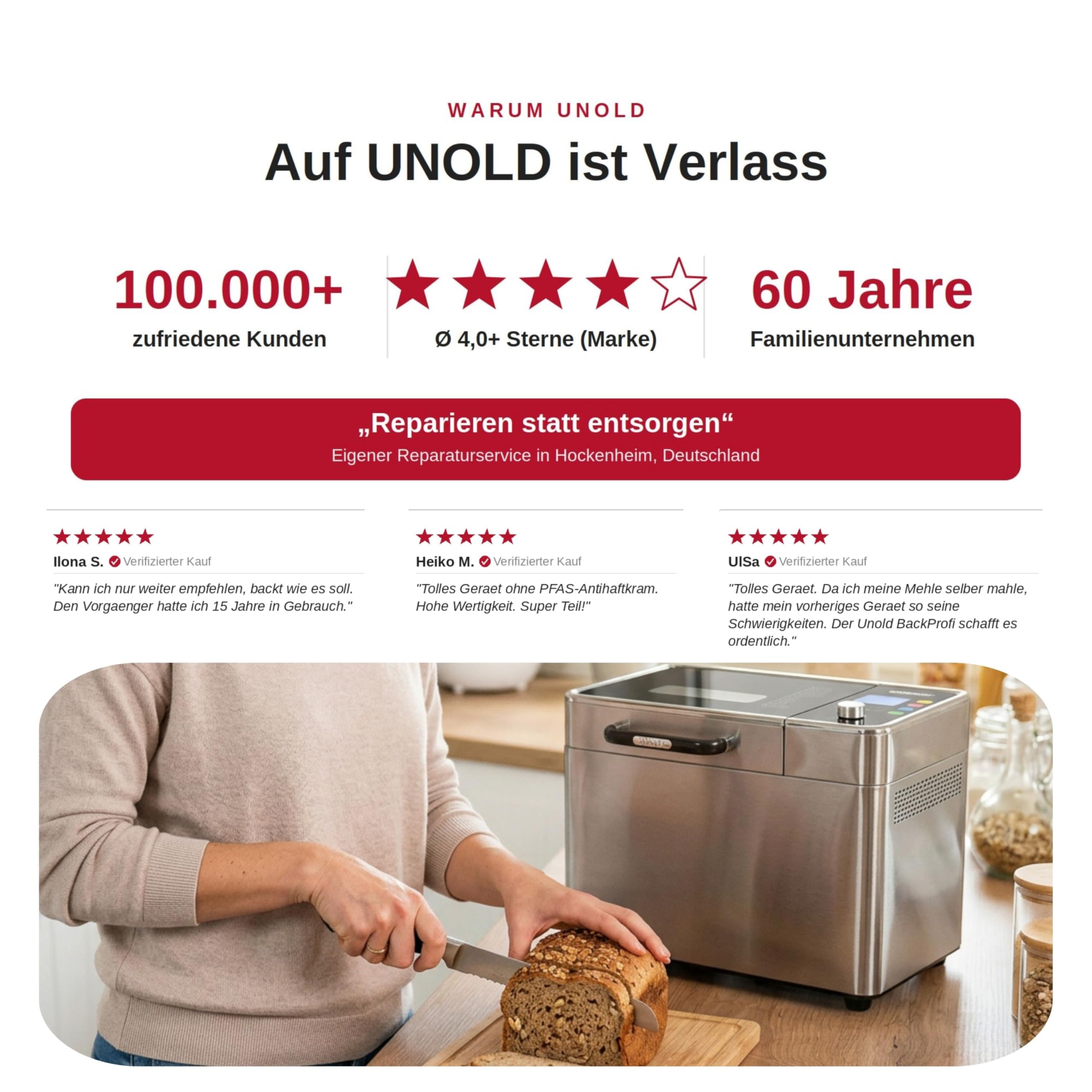 UNOLD Brotbackautomat BackProfi 68476 – Brotbackmaschine mit automatischer Zutatenspender, 18 Programme inkl. Glutenfrei & Joghurt, Touchscreen, Timer bis 15 h, Warmhaltefunktion - bis 1000g Brot