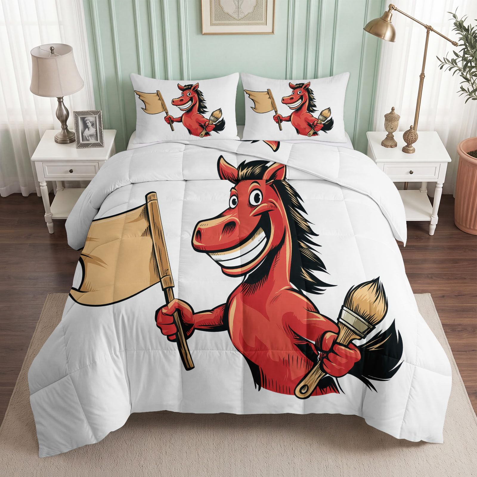 Kołdra 220 x 240 cm Kreskówka Humorystyczny Śmieszne zwierzę Kołdra na łóżko, czerwony koń pędzel dwustronny zestaw pościeli - Kołdra na wszystkie pory roku do łóżka 2-osobowego z 2