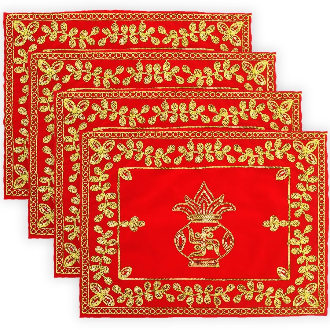 BHAKTI LEHAR - Premium Range Of Pooja Accessories(10 x 14 Inches) Embroidery Kalash Jari Design Red Velvet Aasan Cloth for God Mandir, Idols Sitting, Home Mandir, Temple and Ghar Pack 4