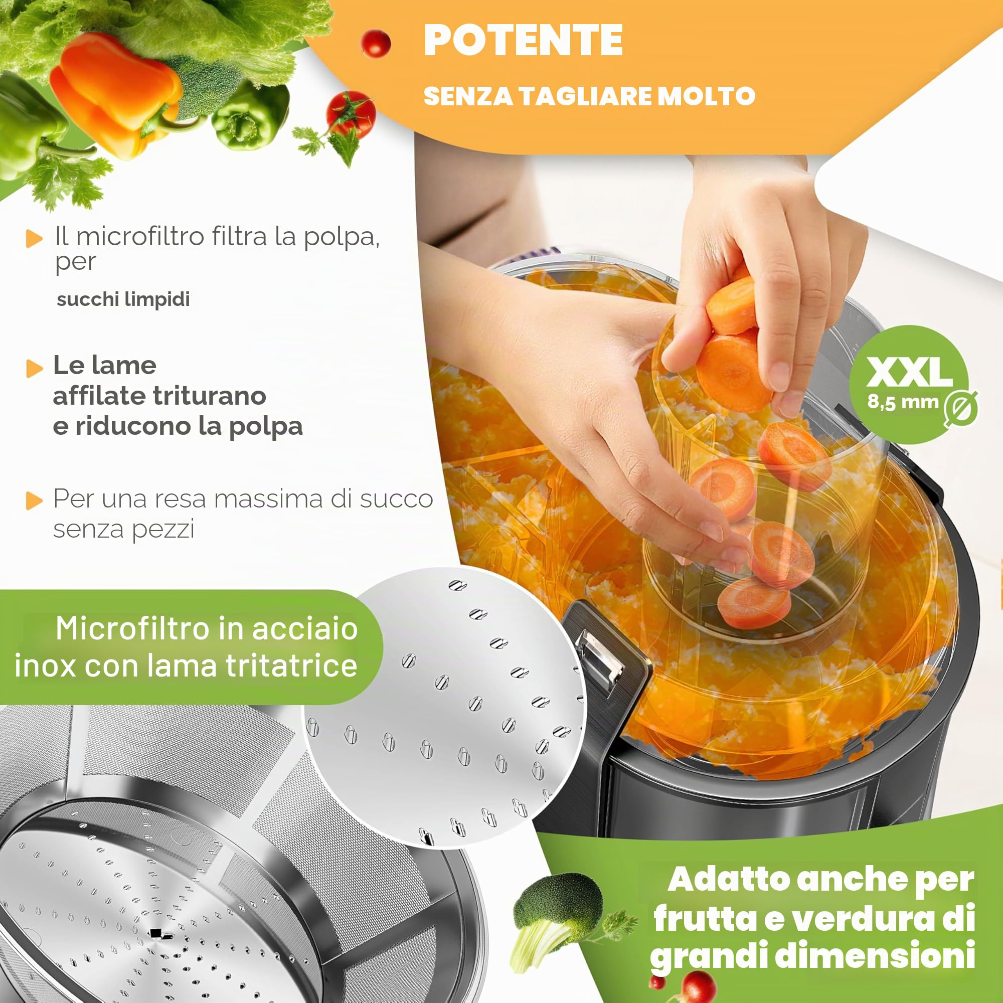 KESSER® Centrifuga estrattore di succo per frutta | verdura in acciaio inox 1100W, grande tubo di alimentazione, 3 livelli, spremiagrumi elettrico centrifugo + spazzola, contenitore per succo