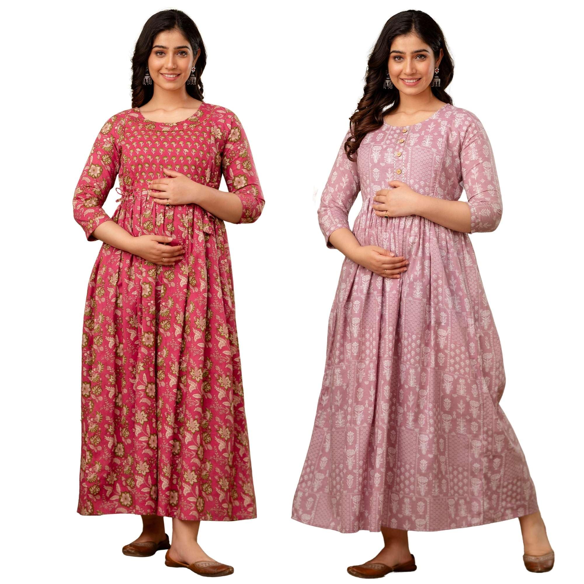 Maternity Feeding Kurtis for Women Cotton Combo Pack of 2 | Printed Pregnancy Dresses for Women | Nursing Anarkali Kurta with Hidden Zippers | Comfortable Regular Fit Maxi Kurta-image-0