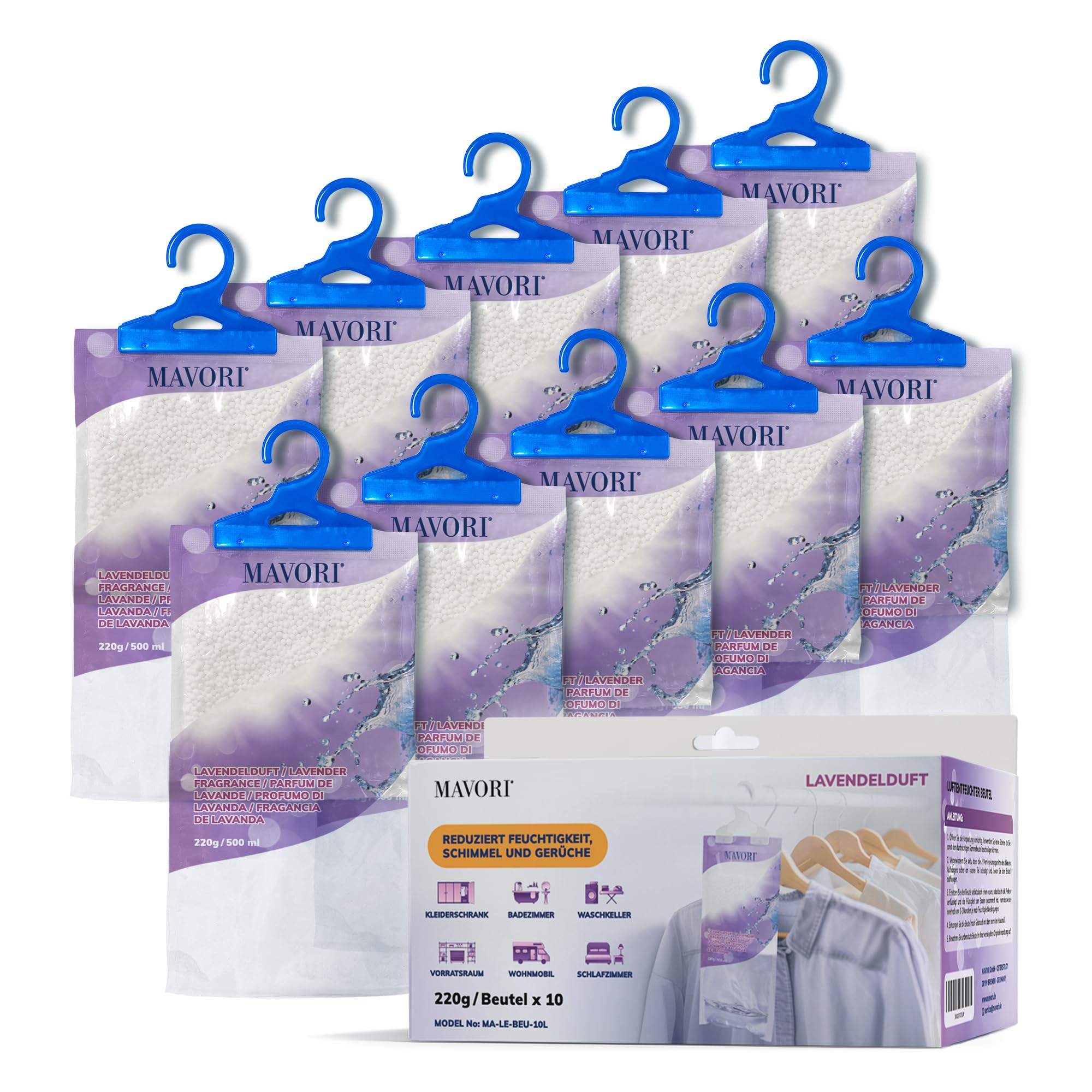 Set 10 deumidificatori XL da appendere | deumidificatori a sacchetti | deumidificatore da armadio e assorbiumidità per ambienti contro umidità, fino a 500 ml per sacchetto (Profumo di lavanda)