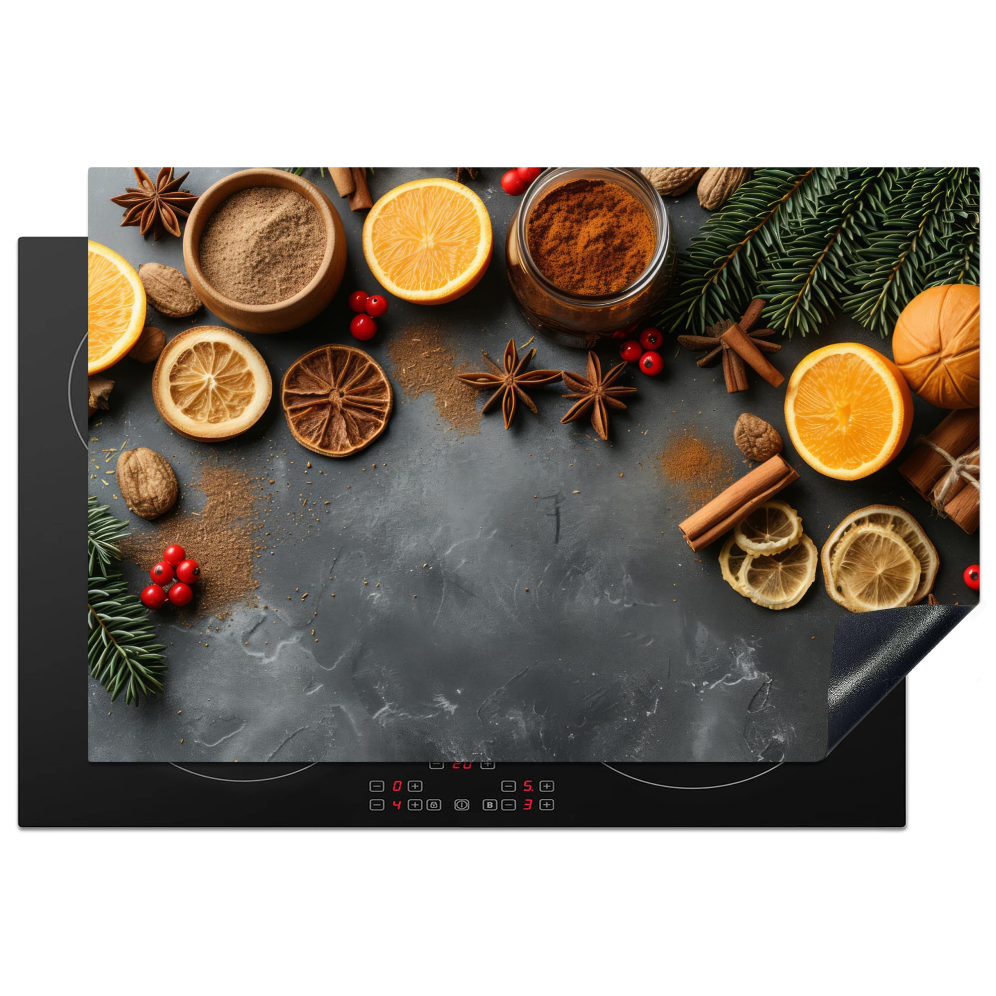 KitchenYeah© Induction Hob Protector Mat 20.3"x29.9" / 76x51.5 cm Cooker Top Protectors Cover Ceramic Covers Electric Hobs Vinyl Fruit - Spices - Concrete - Orange