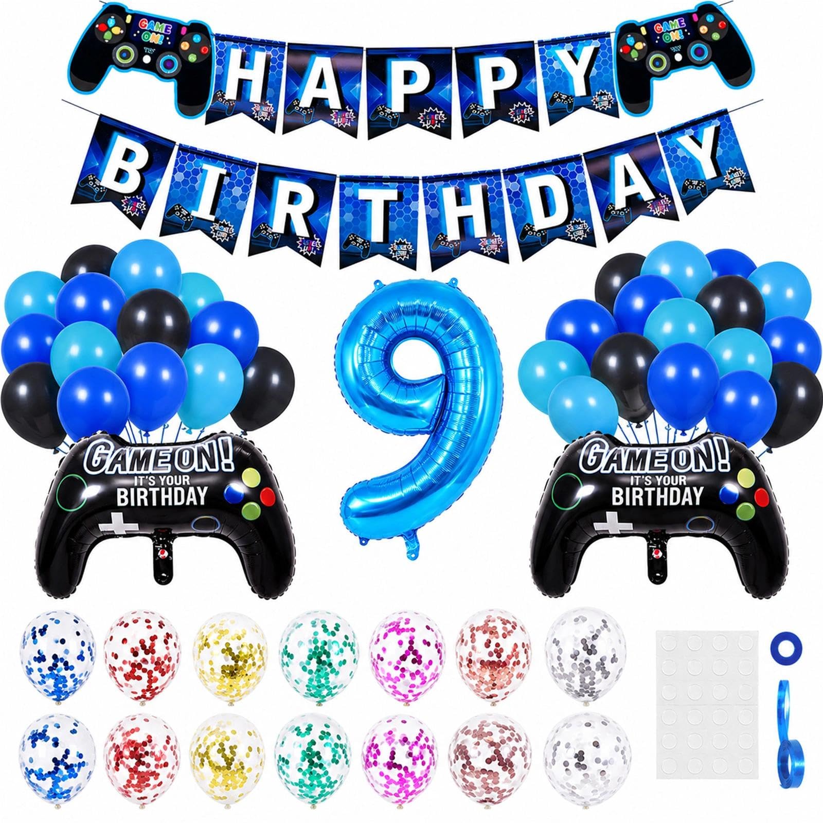 47PCS Gaming Birthday Decorations, GamingBalloons with 2 Game ControllerBalloons, Number 9 Balloon, 24 Blue Black Balloons, 20 Glitter Balloons and Birthday Banner for Gaming Themed Party