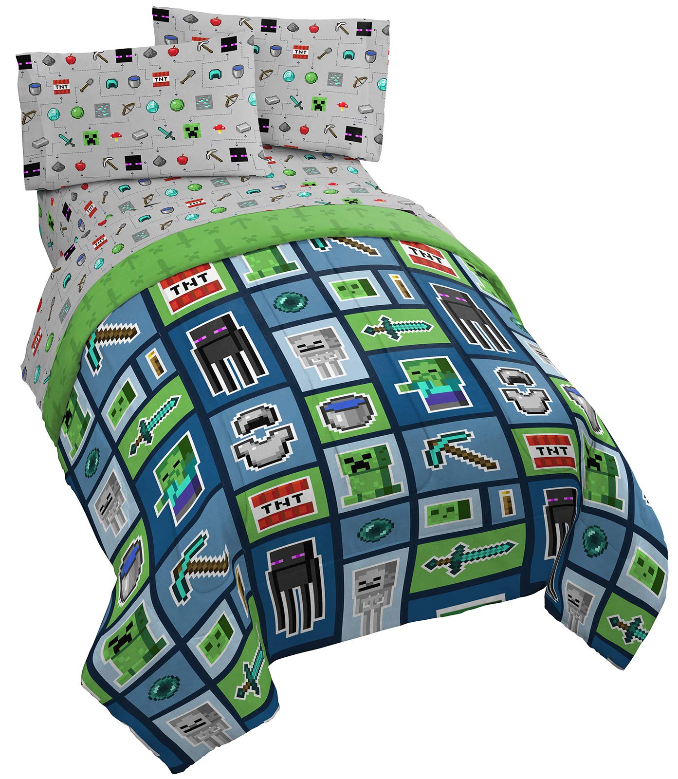 Jay Franco Minecraft Monster Hunters 5 Piece Full Bed Set - Includes Reversible Comforter & Sheet Set - Bedding Features Creeper - Super Soft Fade Resistant Microfiber (Official Minecraft Product)