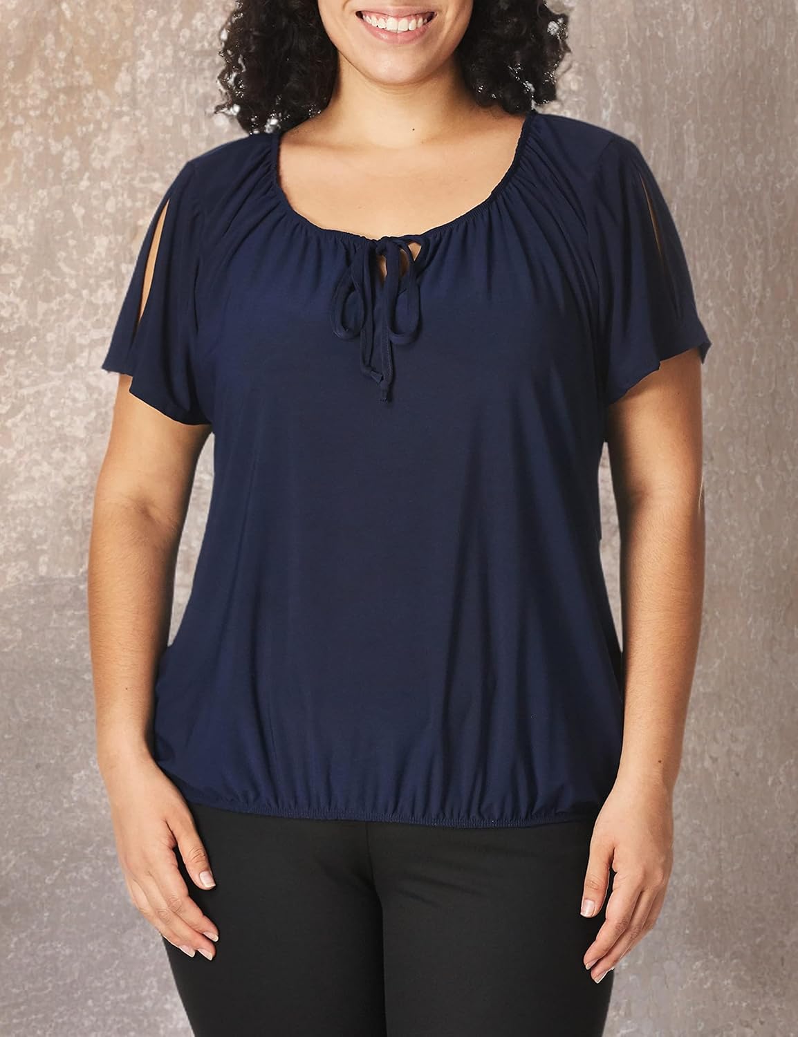 Star Vixen Womens Plus-Size Short/Slit Sleeve Keyhole-tie Peasant Top Bubble Hem - Image 4