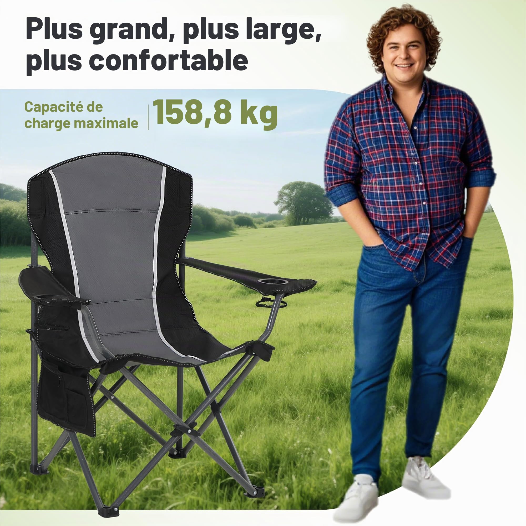 LET'S CAMP Chaise de Camping Pliable avec Porte-gobelets, Sacs de Rangement, Sac de Transport en Acier jusqu'à 160 kg, pour Le Camping, Les Voyages