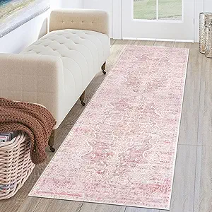 KUTA Vintage Washable Runner Rug, 2x6 Pink Runners for Hallways Non-Slip Floral Kitchen Rugs Ultra Soft Printed Distressed Floor Carpet for Laundry Bedroom Living Room Nursery