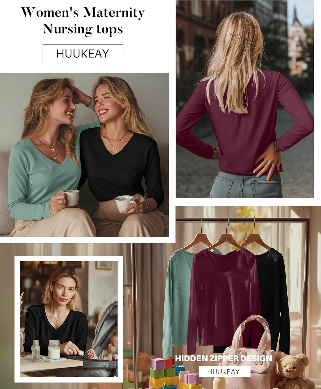 Huukeay 3 Pack Women's Long Sleeve Nursing Tops, Breastfeeding Hidden Zippers Shirts V Neck Maternity Pregnancy Tees Clothes