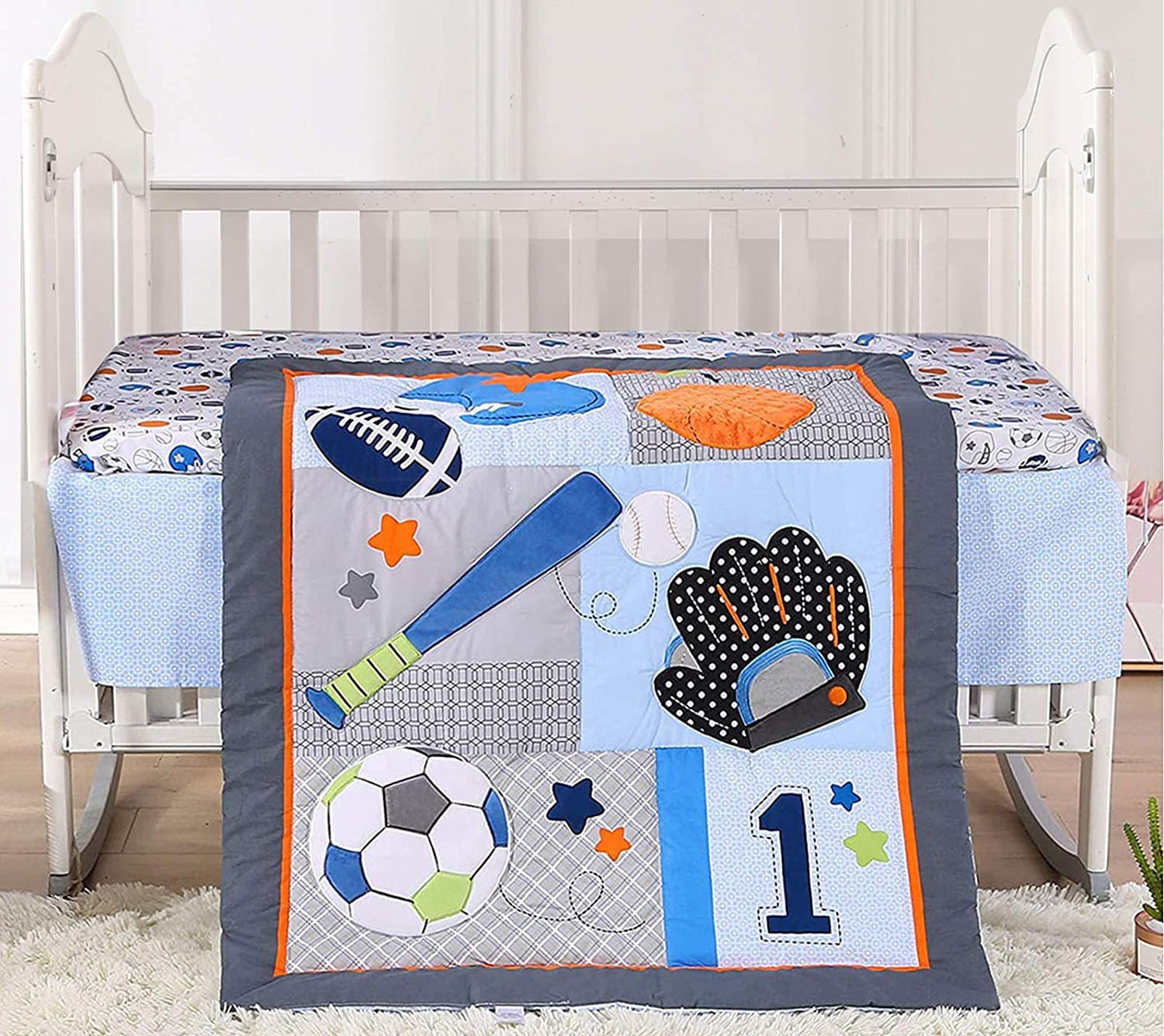 Juego de ropa de cama de algodón para bebés niños 3 PC Blue Cuna Set-Sports Baseball
