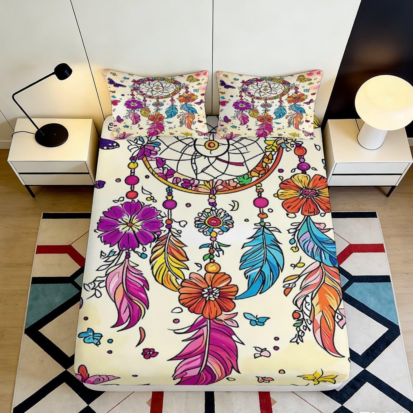 3D Printed Dreamcatcher Mandala Fitted Sheet Microfiber Colourful Floral Feather Mattress Cover Bedroom Decor Protector 90x200x25cm