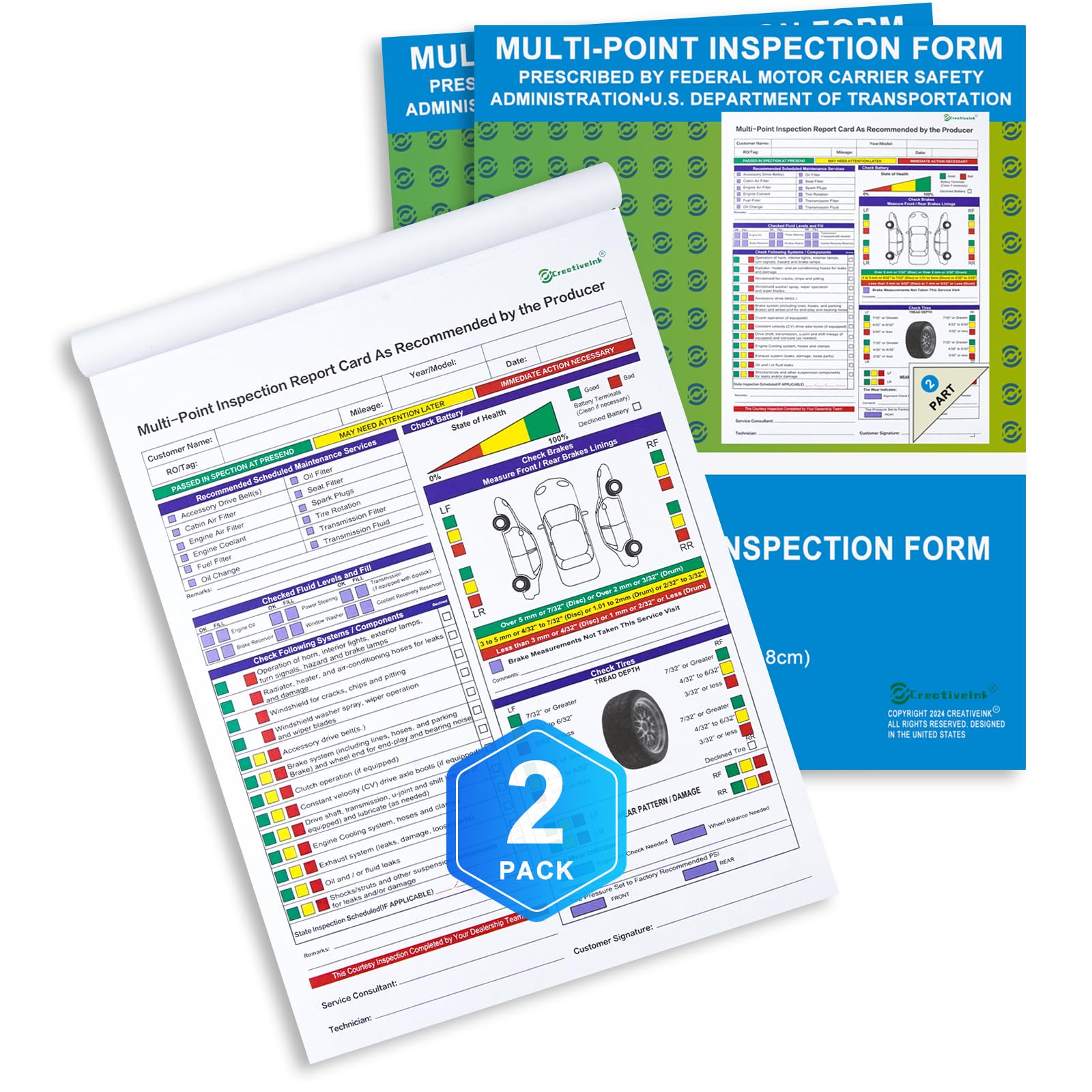 200 Sets Multi-Point Automotive/Vehicle Inspection Report Forms 2-ply Carbonless for Any Make of Vehicle, Inspection Checklist, DOT Compliant, 8-1/2 x 11-3/4”