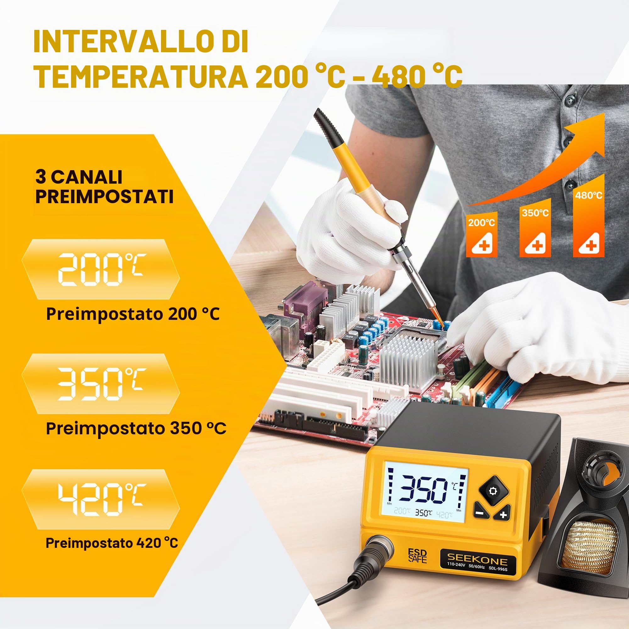 SEEKONE Stazione di Saldatura 60W con Controllo Temperatura 200℃-480℃ con Display LCD, Stazione Saldante Aria Calda con 5 Punte di Saldatura, Funzione Standby, Memoria Power-On