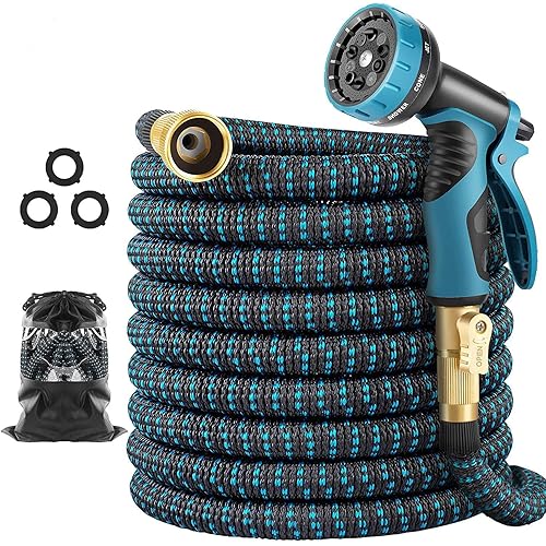 50 ft Expandable Garden Hose - All New 2024 Retractable Water Hoses with 3/4" Solid Brass Fittings, Extra Strength Fabric - Flexible Expanding Hose with 10 Pattern Spray Nozzle