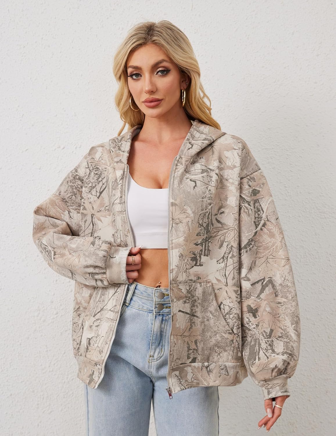 Womens Camo Zip Up Hoodie Long Sleeve Maple Leaf Print Oversized Hooded Jacket Fleece Full Zip Sweatshirt with Pockets - Image 4