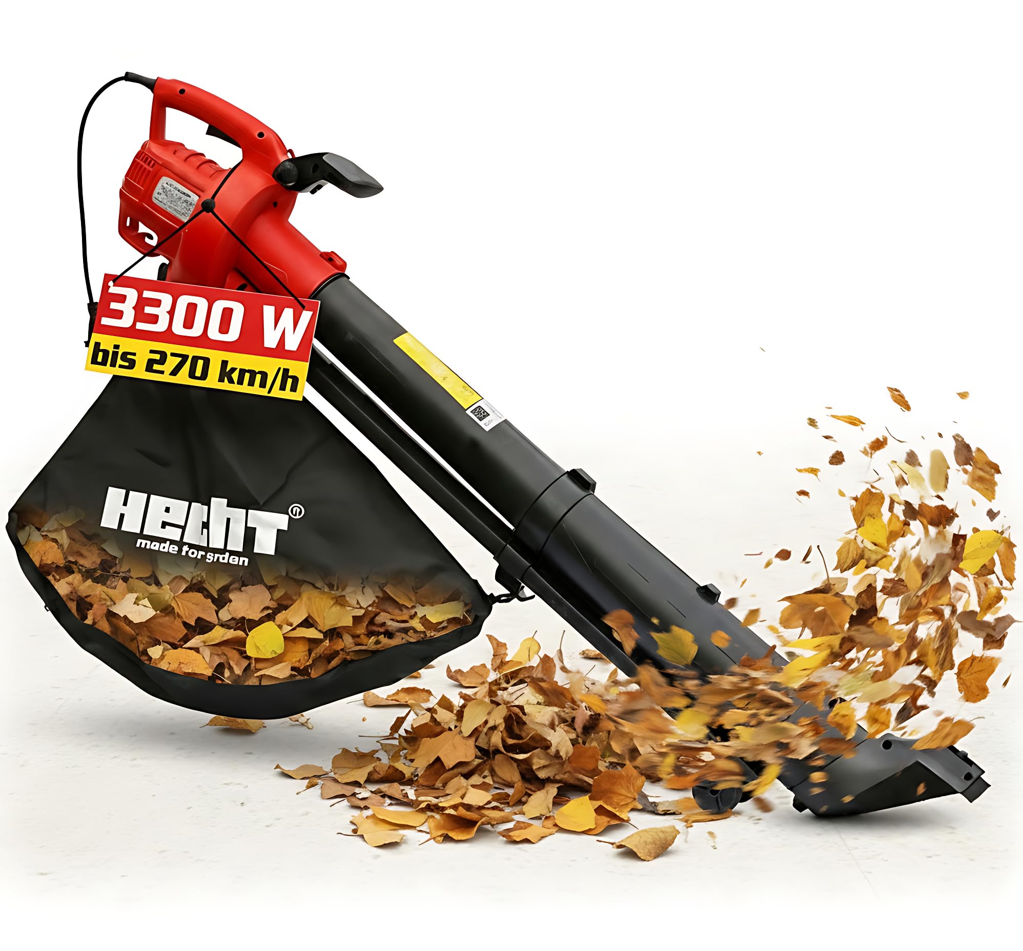 Hecht Elektro Laubsauger 3300 W 45 L mit Häcksler 10:1 | 270 km/h, 3,2 kg, Garten-Laubsauger mit Rädern und Tragegurt, großer Fangsack für Laubarbeiten