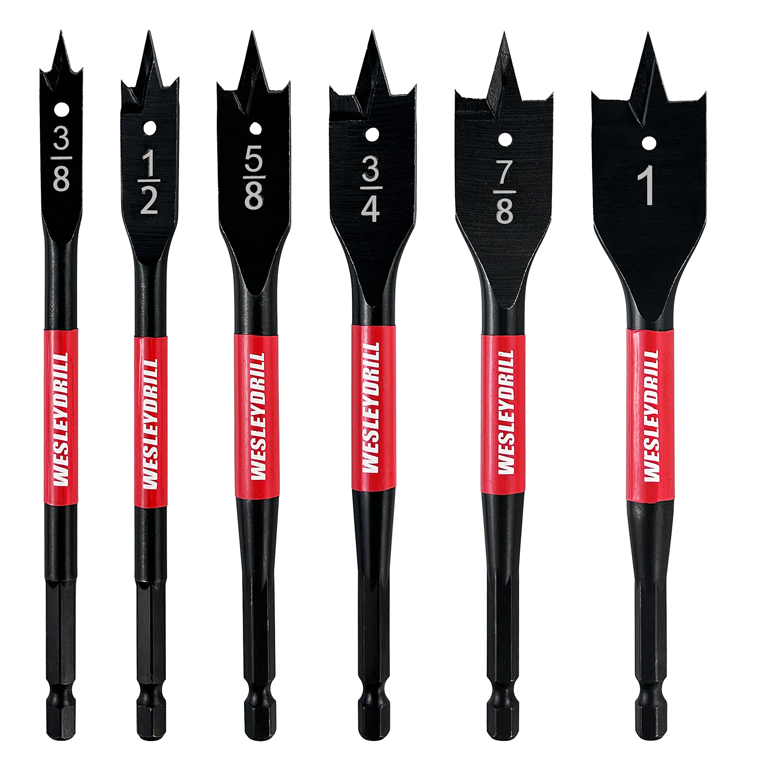 6 Pcs Heavy Duty Spade Drill Bit Set,Paddle Flat Bits Wood Hole Cutter, High Carbon Steel, 1/4 Inch Shank, SAE, 3/8"-1"