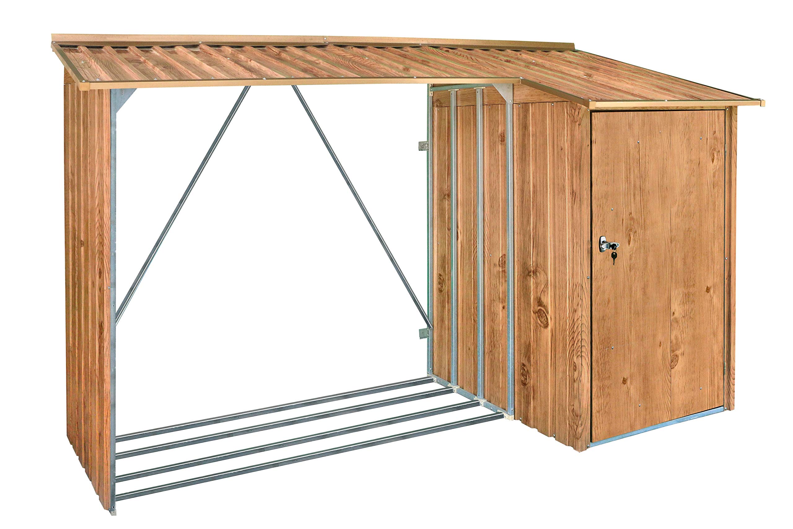 Duramax WoodStore Combo 8 x 3 Kaminholzunterstand, Holzlager mit seitlich geschlossenem Stauraum, Tür mit Schlüssel abschließbar, Boden zum Anheben des Holzes, Holzmaserung