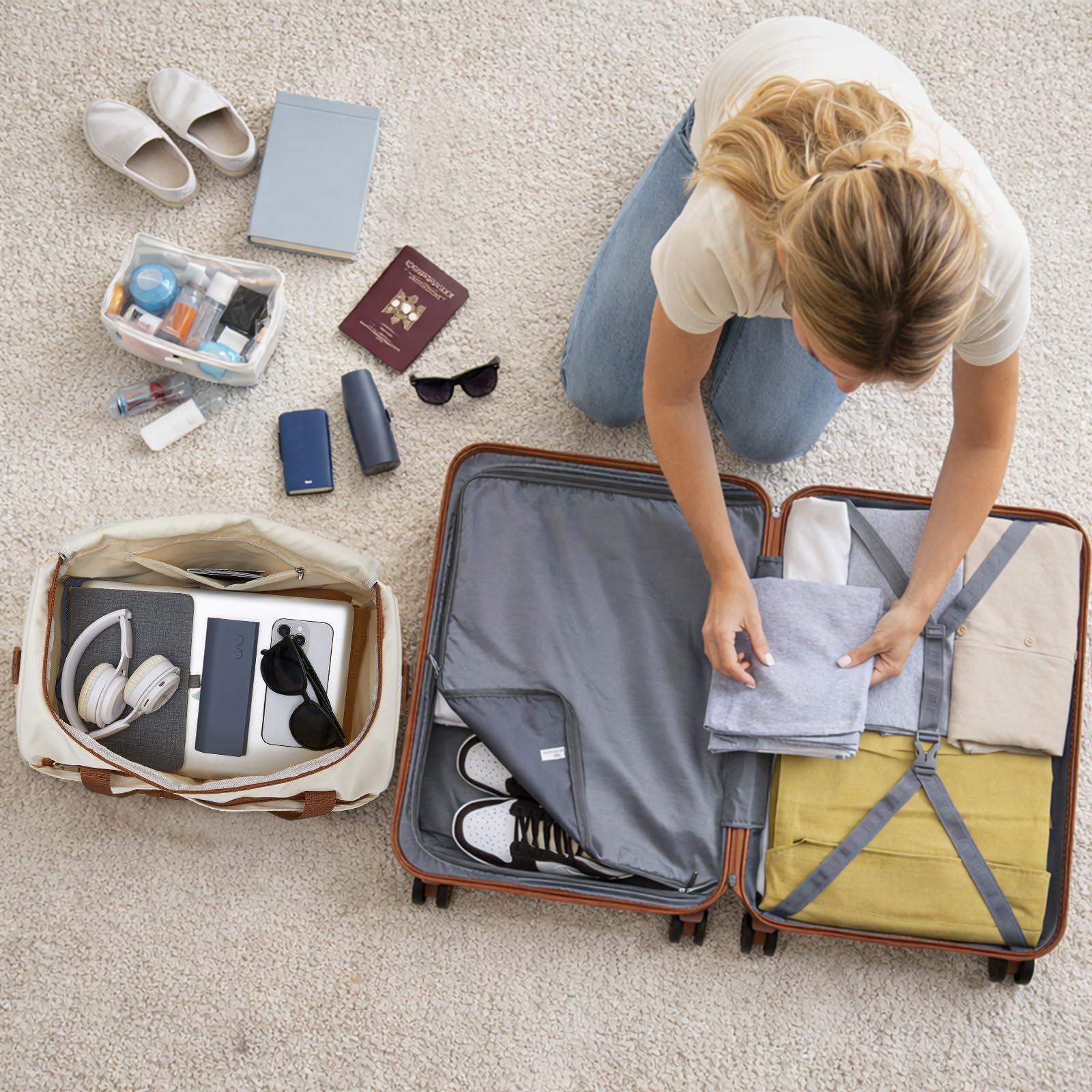 Kono Set de 2 Valises de Voyage Rigide Bagage Cabine 55cm à 4 roulettes avec Serrure TSA + Sac de Voyage Ryanair 40x20x25cm, Blanc Crème