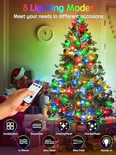 Miniatura 3 de 300 luces LED de Navidad para exteriores, luces multicolor de árbol de Navidad de 115 pies con control remoto, 8 modos de luz de hadas enchufable en
