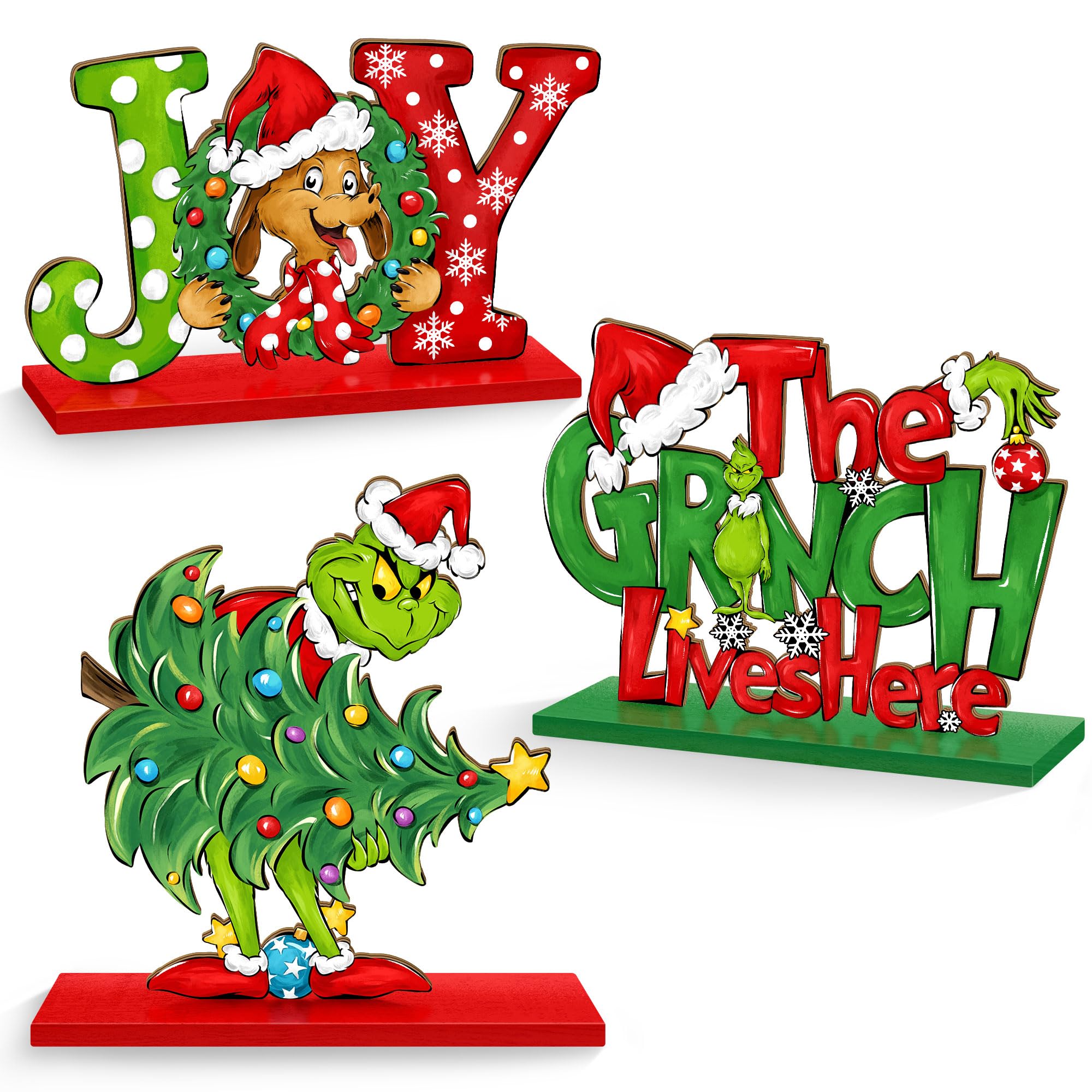 3pcs Christmas Wooden Table Signs, Funny Grinchmas Dog Centerpieces Christmas Tree Tiered Tray Decorations Set for Xmas Holiday Winter Parties Indoor Home JOY Table Top Sign Decor Red Green