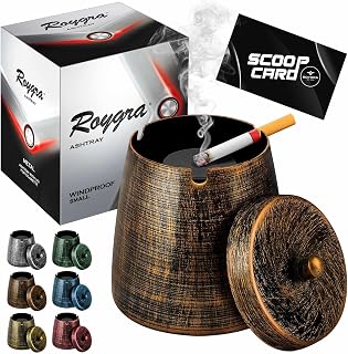 Roygra Smokeless Ash Tray with Lid - Windproof Metal Outdoor Ashtray for Patio, 3 Cigarette Holders, Easy Clean, Bronze Small