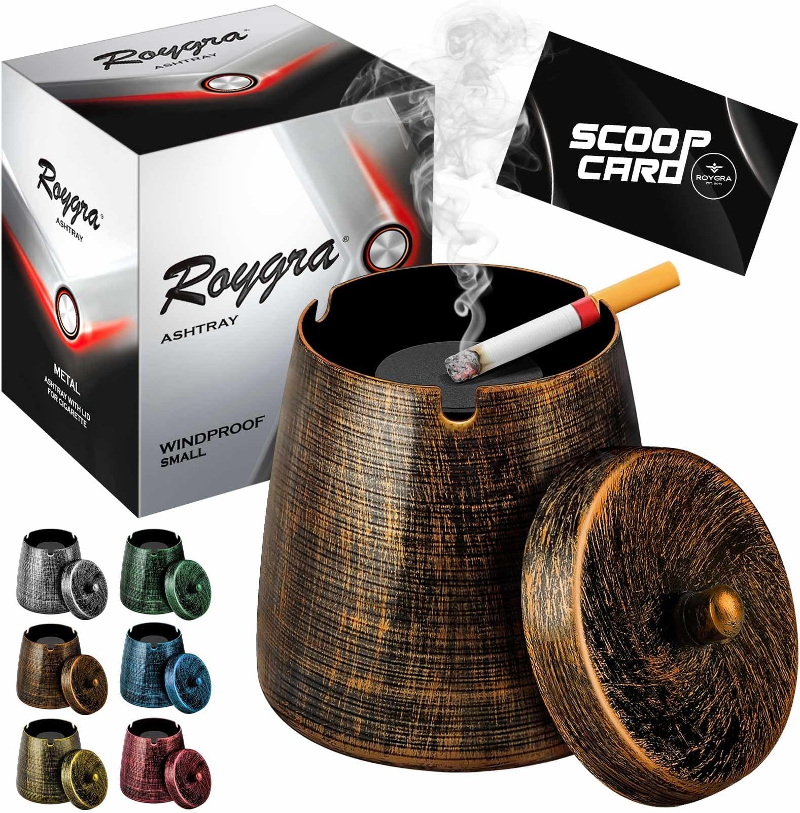 roygra Outdoor Ashtray for Outside Patio, Metal Windproof Smokeless Ashtray with Lid, Home Table Decor, Patio Decorations Outdoor, Ashtrays for Smokers Indoor - Bronze, Small (3.81 x 3.08 x 3.08โโ)