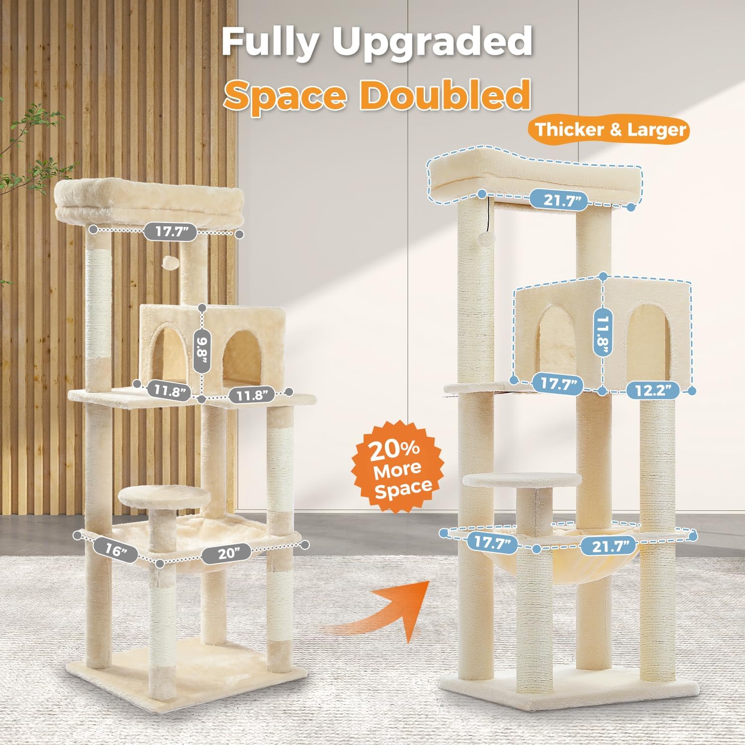 MUTTROS Large Cat Tree with Reinforced Scratching Posts (φ3.7in) for Big Adult Cats 30 lbs, 57.8" Heavy Duty Cat Tower with Larger Hammock and Condo, Cat Furniture for Maine Coon, Plush,Beige