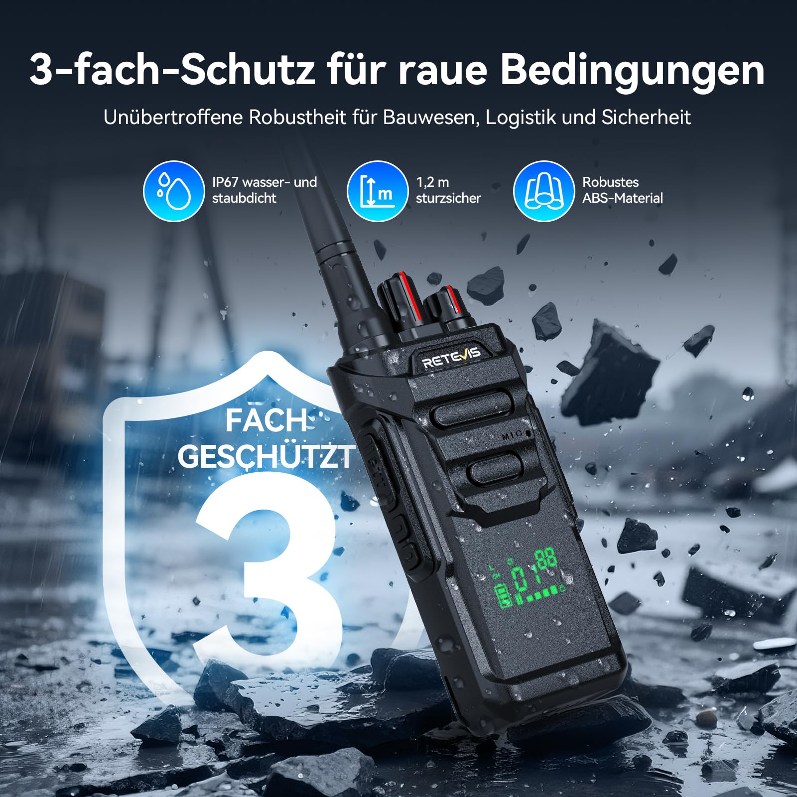 Retevis RT648H Walkie-Talkies für Erwachsene, PMR446 Funkgeräte IP67, 3-Fach Geschützt, Schnellladung, Integriertes Display, 1500 mAh, Robustes 2-Wege-Radio für Unternehmen, Bauwesen (1 Packung)